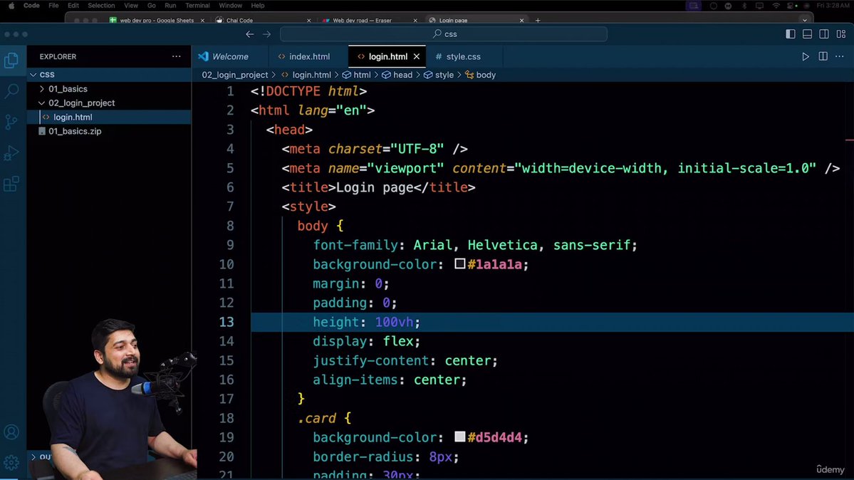codeXninjaDev's tweet image. Day 11 of #WebDevTortoiseChallenge 🐢 by @ChaiCodeHQ @Hiteshdotcom 
Built a Login Page using &lt;form&gt;, &lt;input&gt;, &lt;button&gt; &amp; Flexbox🎯 Used internal CSS with class, type &amp; descendant selectors. Also mastered 12 CSS selectors from Universal to Pseudo-element for precise styling.