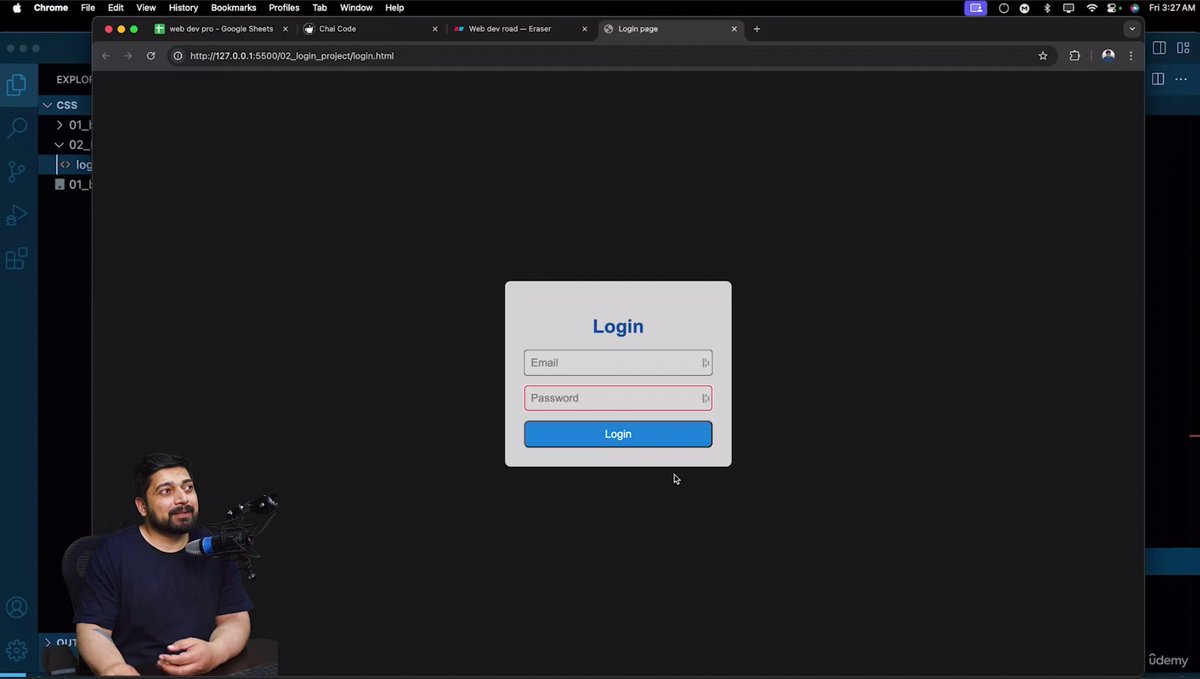 codeXninjaDev's tweet image. Day 11 of #WebDevTortoiseChallenge 🐢 by @ChaiCodeHQ @Hiteshdotcom 
Built a Login Page using &lt;form&gt;, &lt;input&gt;, &lt;button&gt; &amp; Flexbox🎯 Used internal CSS with class, type &amp; descendant selectors. Also mastered 12 CSS selectors from Universal to Pseudo-element for precise styling.