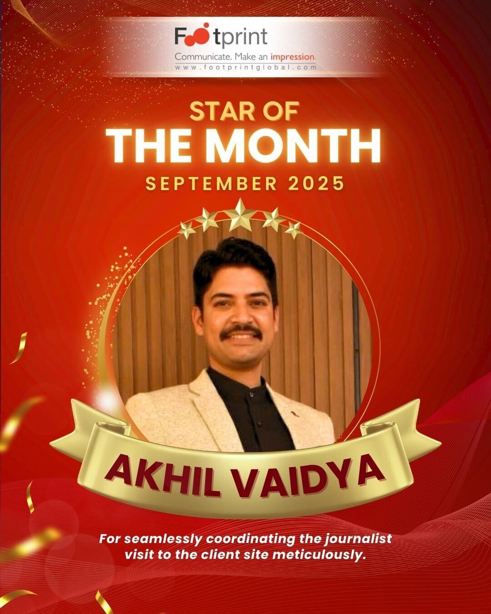 FGCTweets's tweet photo. Star of the Month: Akhil Vaidya! 🌟
Akhil earns this spotlight for seamlessly coordinating a journalist visit to the client site, managing every detail with meticulous care and flawless execution.
#TeamFootprint #StarOfTheMonth #FootprintGlobal #PRInAction #EmployeeSpotlight https://t.co/LfmAQpuYLI