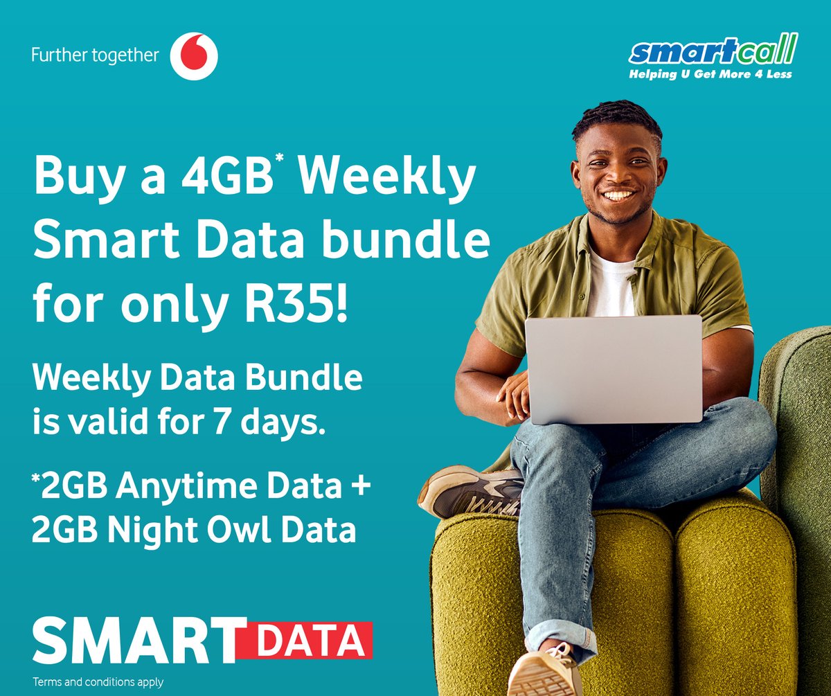 SmartcallVSP2's tweet image. Dive into the digital world with Smartcall SmartData bundle: Get Vodacom 2GB + 2GB for just R35! Perfect for binge-watching &amp;amp; scrolling through your favorite feeds.

Choose smart, stay connected! Don’t wait—grab this deal today!📷

#GetMore4Less