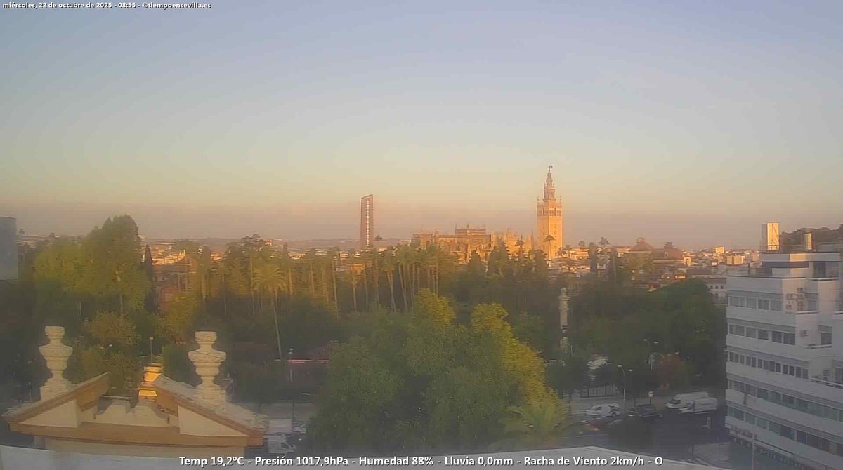 #Tiempo actual en #Sevilla
Buenos días. Hoy parcialmente nuboso a soleado. Cálido🌤️
Rachas de Viento Moderadas🌪️
Máxima alrededor de 28ºC🌡️
Ahora agradable con 19.2ºC, 0.1ºC más que ayer a esta hora⬆️
Fuerza y Ánimo👌