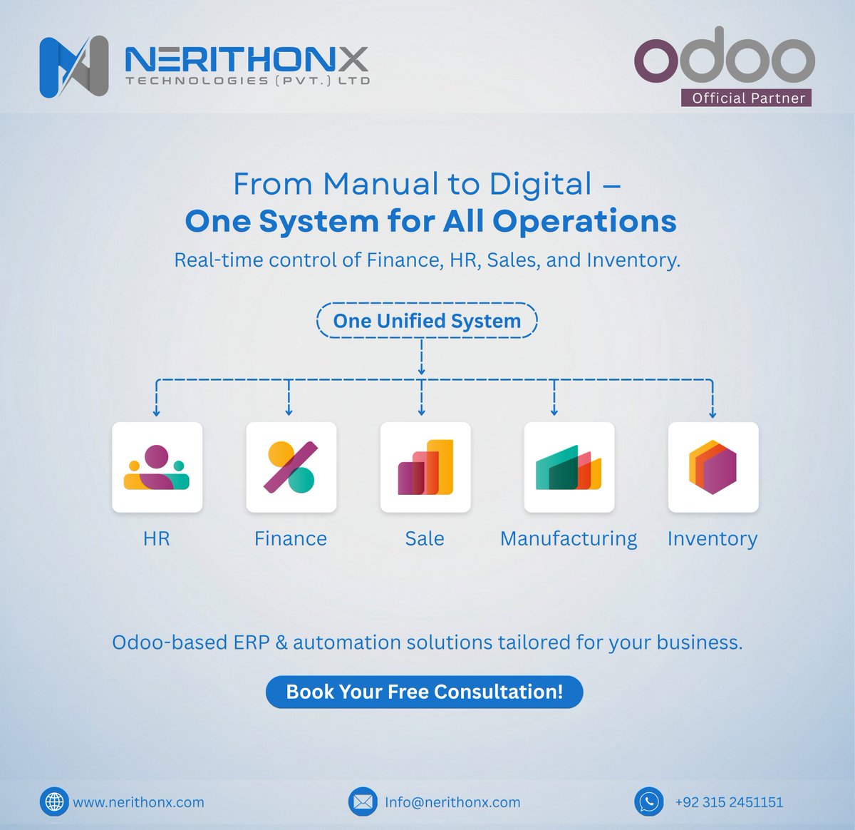 nerithonx's tweet image. 🚀 Transform your business with One Unified System — powered by Odoo ERP.

From Sales to Finance, every process — automated and connected.

🌐 nerithonx.com
 | 💬 WhatsApp: +92 315 2451151
#DigitalTransformation  #OdooERP #Automation  #Innovation #SmartBusiness