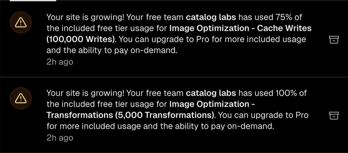 catalogdotclick's tweet photo. Apparently y’all really like Catalog 👀

Cache maxed out. Transformations at 100%.

We love to see creators going that hard.

Thanks for making Catalog grow faster than our image cache can keep up 💚 https://t.co/cu4UaDAZCX