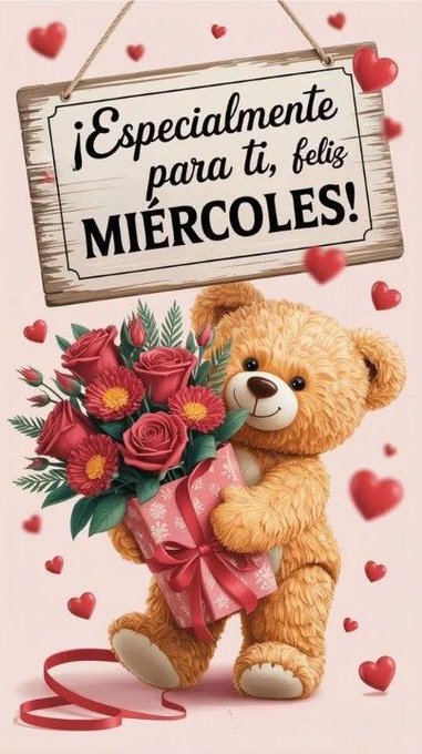 A cute teddy bear with brown fur holds a bouquet of red roses wrapped in green leaves and a pink ribbon, standing on a light pink background with floating red hearts. The bear has a happy expression with closed eyes and smiling mouth. A wooden sign hangs behind with text reading Especial para ti, feliz Miércoles in Spanish, surrounded by more red hearts and additional roses.