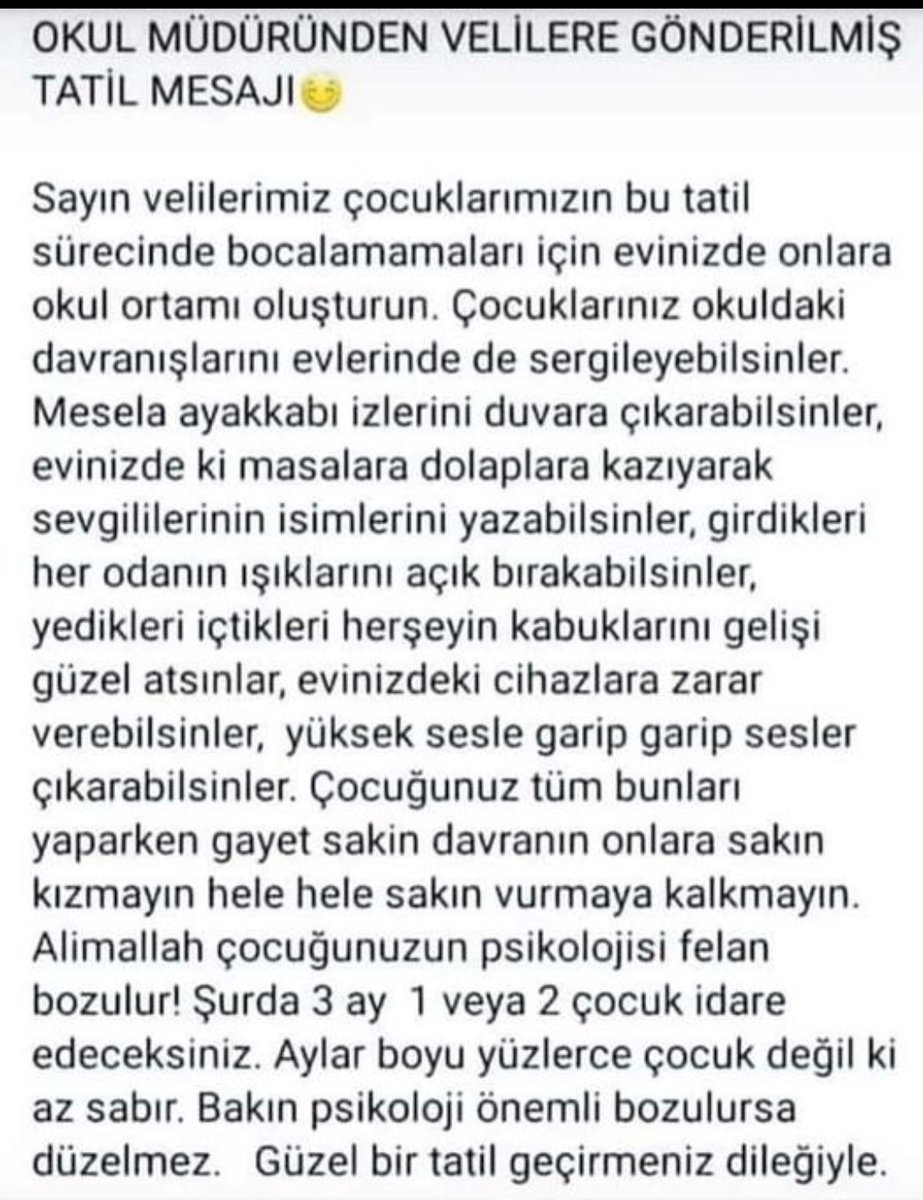 Okul Müdürü velilere okkalı bir tatil mesajı göndermiş!..

Burada derin ironi var...
Ne yazık ki velilerin çoğu ironiden filan anlamazlar❗️