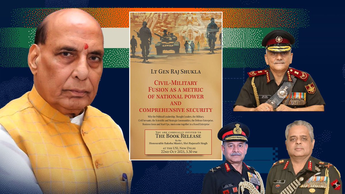 #BookLaunch 
Today Chakra will live stream the launch of <a href="/Gen_RajShukla/">Raj Shukla</a>'s pathbreaking book on CIVIL-MILITARY FUSION at <a href="/USIofIndia/">United Service Institution of India</a> 
The book will be launched by Hon'ble RM <a href="/DefenceMinIndia/">रक्षा मंत्री कार्यालय/ RMO India</a> 
Do watch the book launch live at -
youtube.com/live/7sOm9t40K…
Privileged to be associated