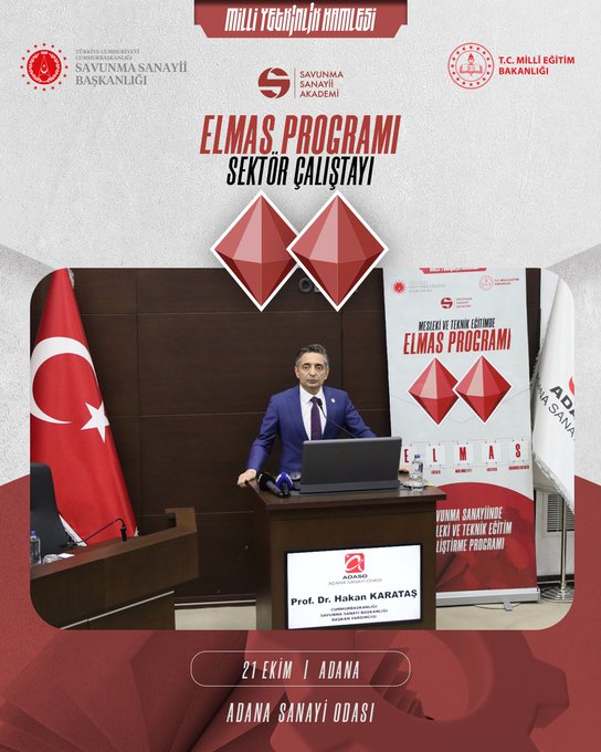 Multiple images depict formal workshop scenes for the ELMAS Program Sector Workshop in Adana. Each shows a speaker at a podium with a laptop, Turkish flags on either side, banners for ELMAS Program and ADAS, red diamond logos, and organizational logos including Savunma Sanayii Akademi and Milli Egitim Bakani. First image features Prof Dr Hakan Karatas in a suit. Second image shows Yavuz Selim Kosger in a suit. Third image presents Zeki Kivanc in a suit. Fourth image displays Mustafa Gunay in a suit. Background includes event title banners and Adana location indicators.