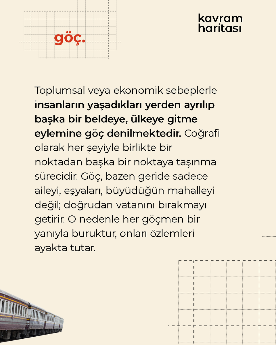 #Göç
Toplumsal veya ekonomik sebeplerle insanların yaşadıkları yerden ayrılıp başka bir beldeye, ülkeye gitme eylemine göç denilmektedir. Coğrafi olarak her şeyiyle birlikte bir noktadan başka bir noktaya taşınma sürecidir. Göç, bazen geride sadece aileyi, eşyaları, büyüdüğün