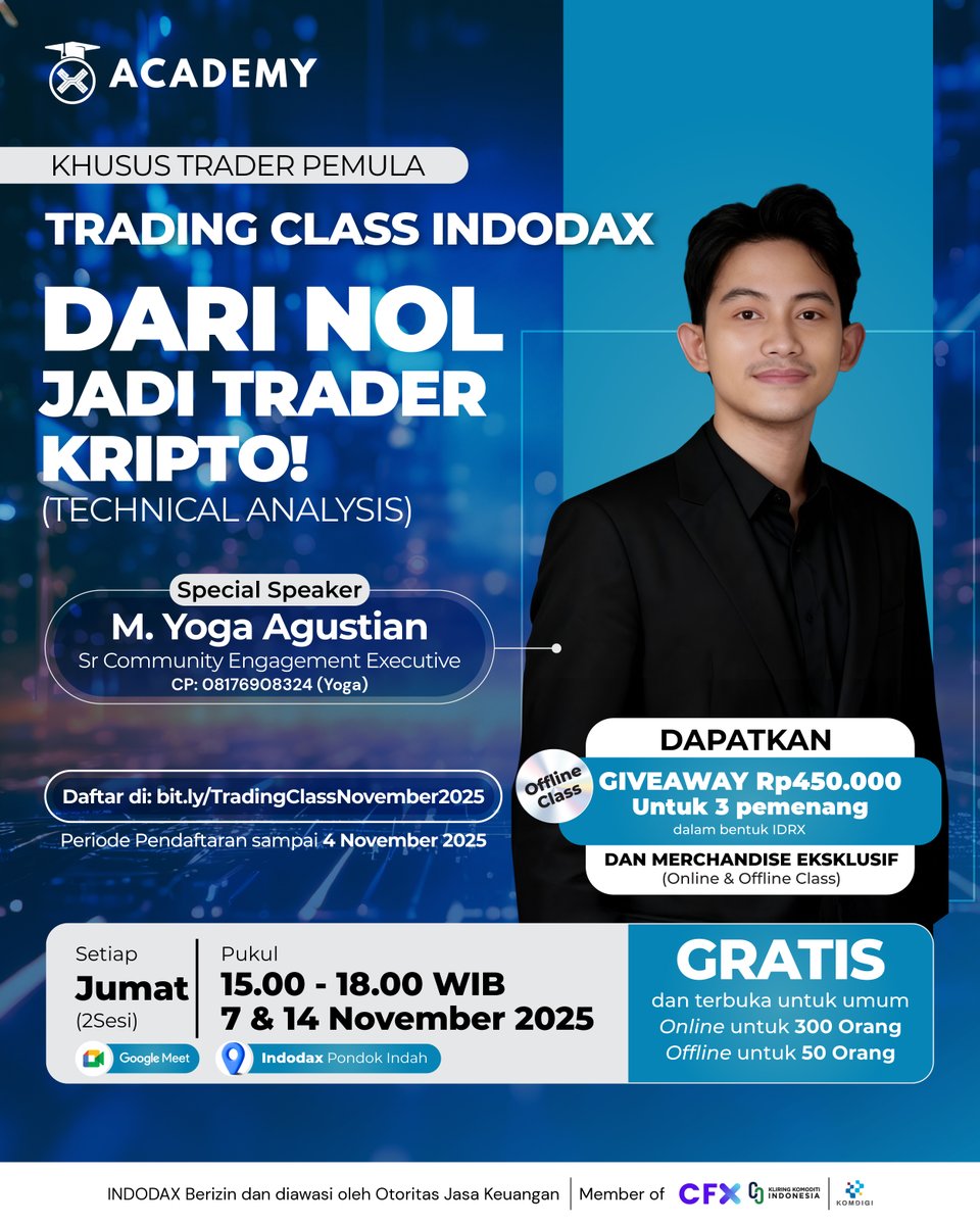 indodax's tweet image. Trading Class INDODAX kembali hadir! Yuk ikutan Class Trading For Living dari INDODAX Academy.
Di class ini kalian bisa mendapatkan banyak pengetahuan tentang cara trading yang tepat dan bijak dari M. Yoga Agustian (Community INDODAX)
Class ini dibuka GRATIS untuk umum setiap…
