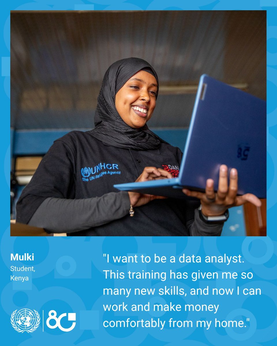 UNGeneva's tweet image. "I want to be a data analyst. This training has given me so many new skills. Now I can work and make money comfortably from my home." - Mulki, student, Kenya
In Kenya, refugees and host communities benefit from digital training thanks to @Refugees.
buff.ly/Ir3K91t
#UN80