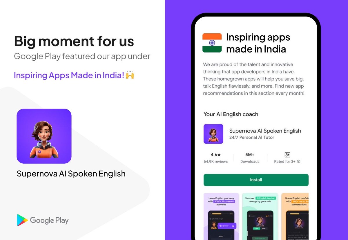 TheAnirudh's tweet image. Supernova featured by @GooglePlay under “Inspiring Apps Made in India.” Didn’t expect that. Feels nice :)