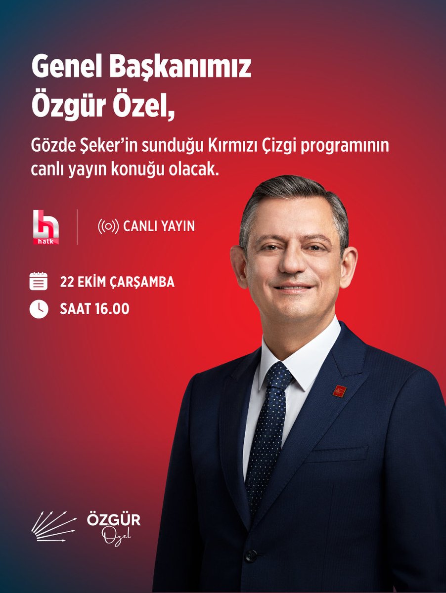 Genel Başkanımız Sayın Özgür Özel, bugün Gözde Şeker’in sunduğu Kırmızı Çizgi programının canlı yayın konuğu olacak.

🗓️22 Ekim Çarşamba 
⏰16.00
📍Halk TV
