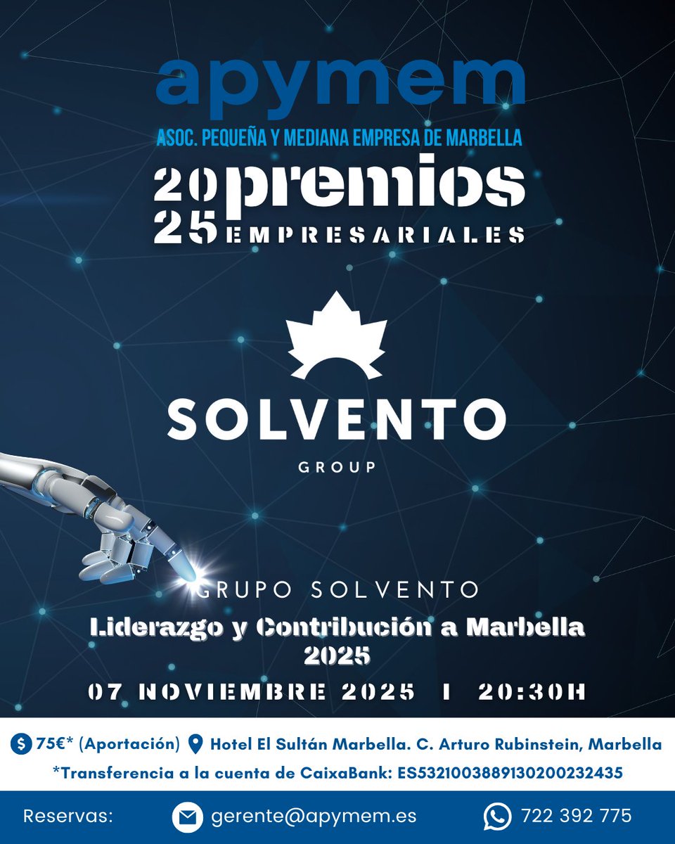 Apymem's tweet image. 🎉 Seguimos desvelando detalles sobre los Premios APYMEM 2025 🎉 Hoy, el resto de premiados: 

🏅 Liderazgo y Contribución a Marbella – Grupo Solvento
🏅 Empresario Relevante – Francisco J. Urbano Solís
🏅 Gestión Empresarial – Mansel

✨ ¡Enhorabuena!