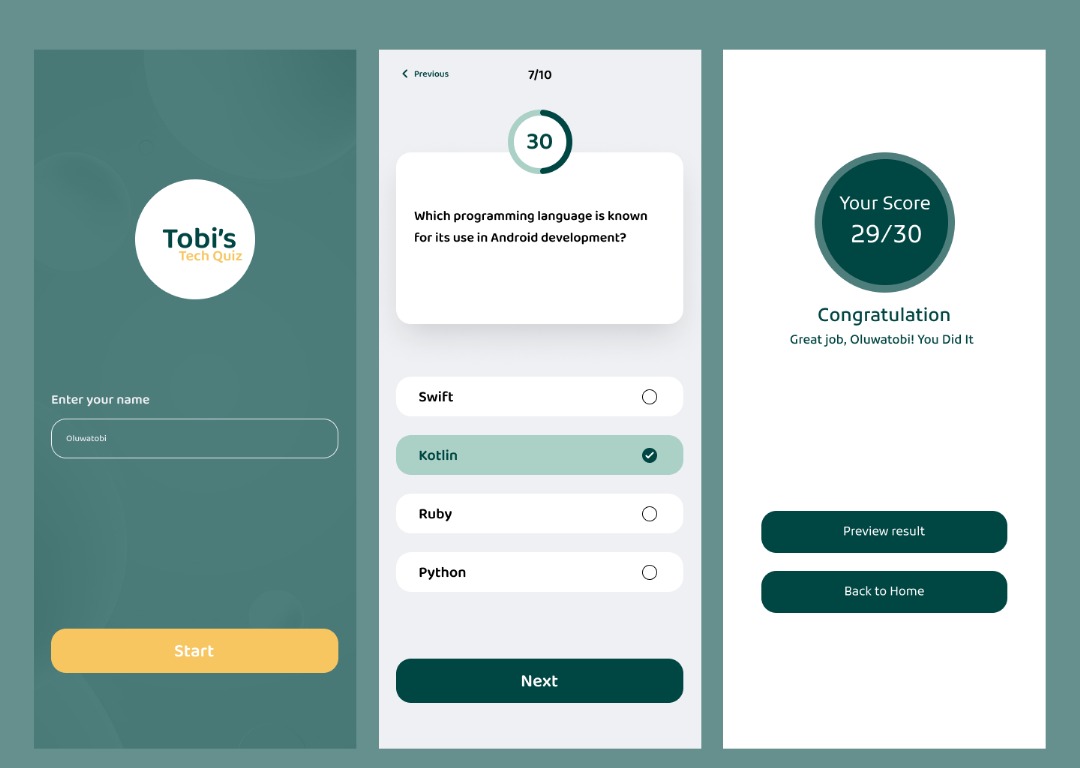 Oluwatobi153's tweet image. I designed a Tech Trivia Quiz App for my HNG Internship 
10 questions | Timer | Score & Review Screen | Next & Prev Nav
Went extra by designing the whole UI myself before coding it wanted it to look good and feel better 
#HNG @hnginternship #Flutter @figma #UIDesign #Tech