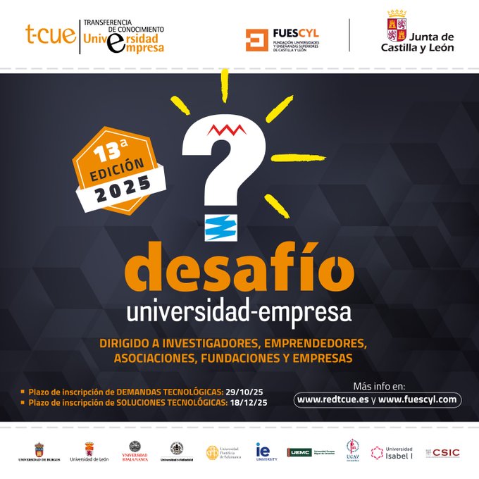 ⌛️ Últimos días para que empresas, nuevos emprendedores y asociaciones/fundaciones; presenten sus necesidades tecnológicas al: 

Desafío Universidad –Empresa 2025🌟 

🏆42.000 euros en premios

Bases: redtcue.es/desafio/desafi…
Dudas a innovacion@fundacion.uva.es ❓