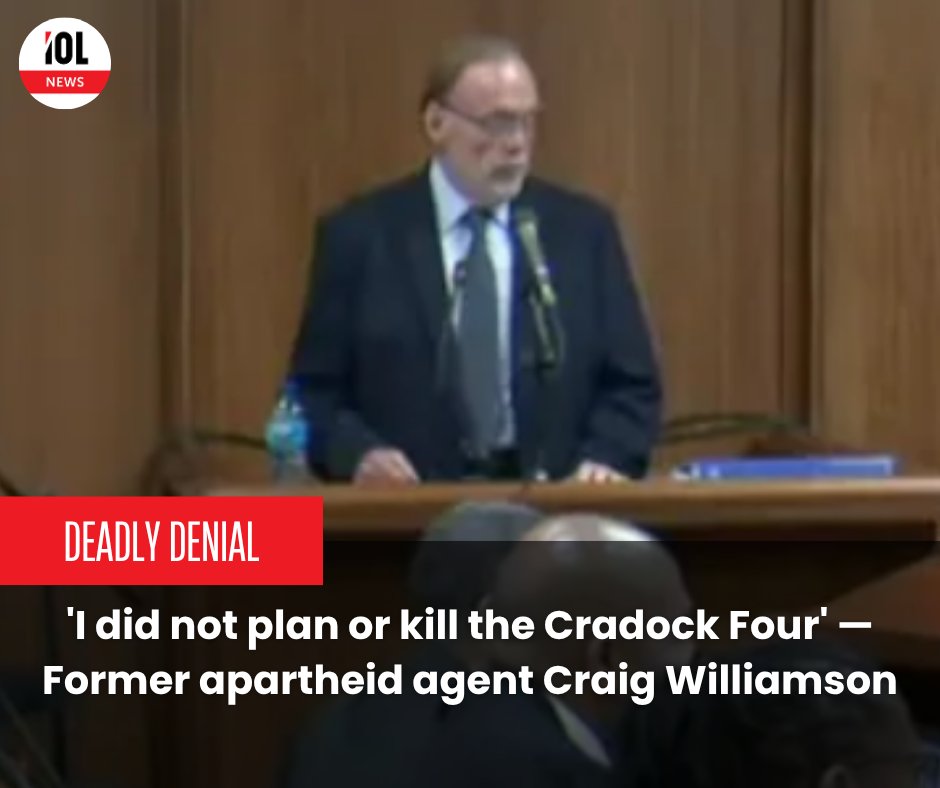 IOL's tweet image. 'I did not plan or kill the Cradock Four' — Former apartheid agent Craig Williamson
#ApartheidEra #TruthCommission #SouthAfrica
tinyurl.com/yxx4dyh2