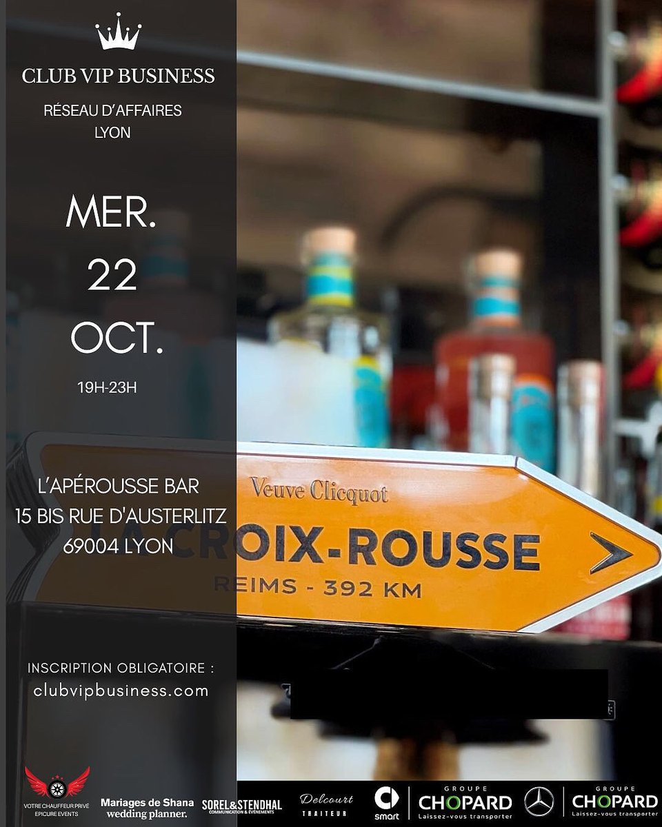 HeleneTavelle's tweet image. Jour J 
Club VIP Business Lyon
📅 Mercredi 22 Octobre
⏰19h-23h
📍 @aperoussebar Bar 16 bis rue d’Austerlitz 69004 Lyon
🎟 Non Adhérents prenez votre billet ici 

eventbrite.fr/e/club-vip-bus…

▶️ Rens.contact@clubvipbusiness.com

#clubvipbusiness #reseaudaffaires #reseautage
