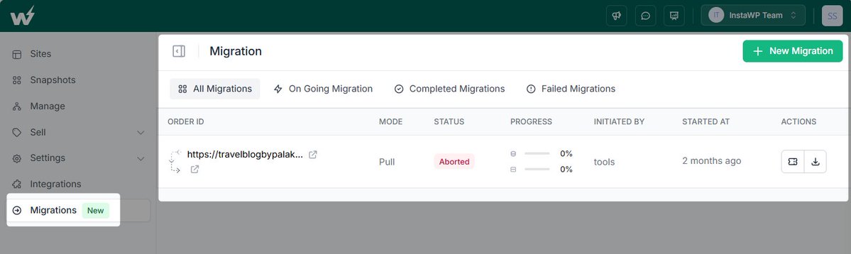 insta_wp's tweet image. Love our migration tool? There's a BIG update for you.
It's now possible to access your entire migration dashboard from your InstaWP account.
✅ Start WordPress Migrations (any hosting provider to any)
📊 Track progress (ongoing, completed, failed)
🧘 See all Migrations in one…