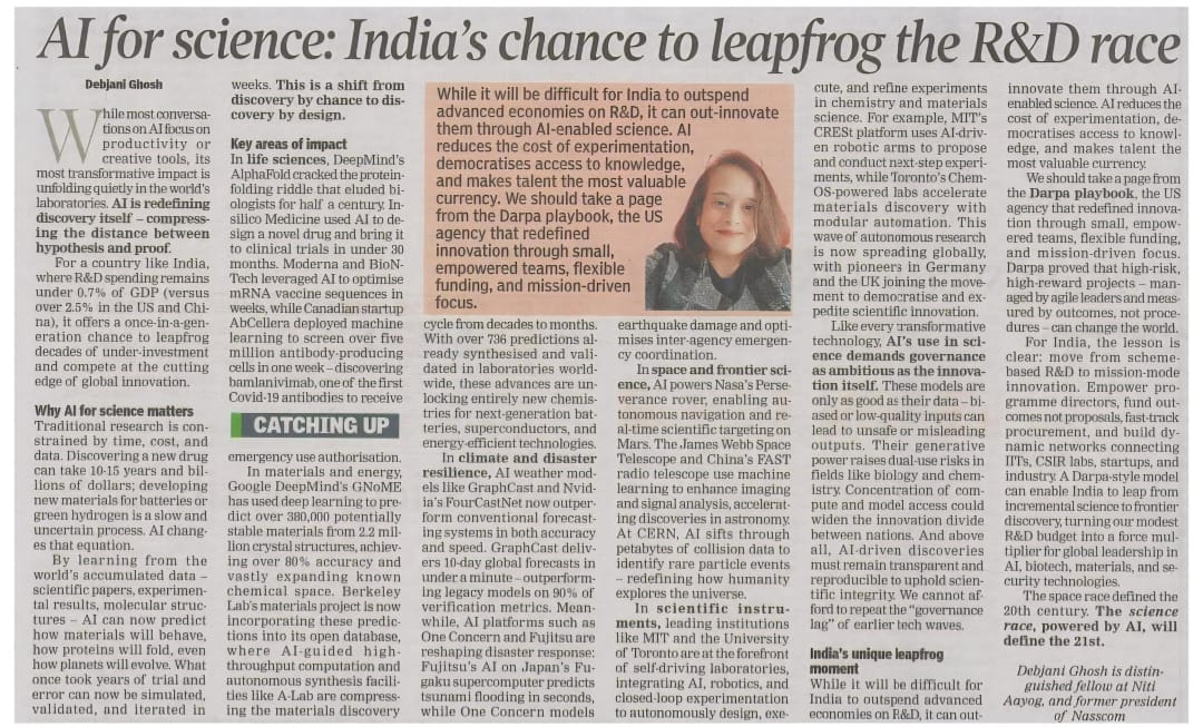 NITIAayog's tweet image. AI for Science: India’s Chance to Leapfrog the R&D Race
In an article penned by Ms. Debjani Ghosh, Distinguished Fellow, NITI Aayog, the author highlights how AI is redefining scientific discovery itself—compressing the distance between hypothesis and proof and presents India…