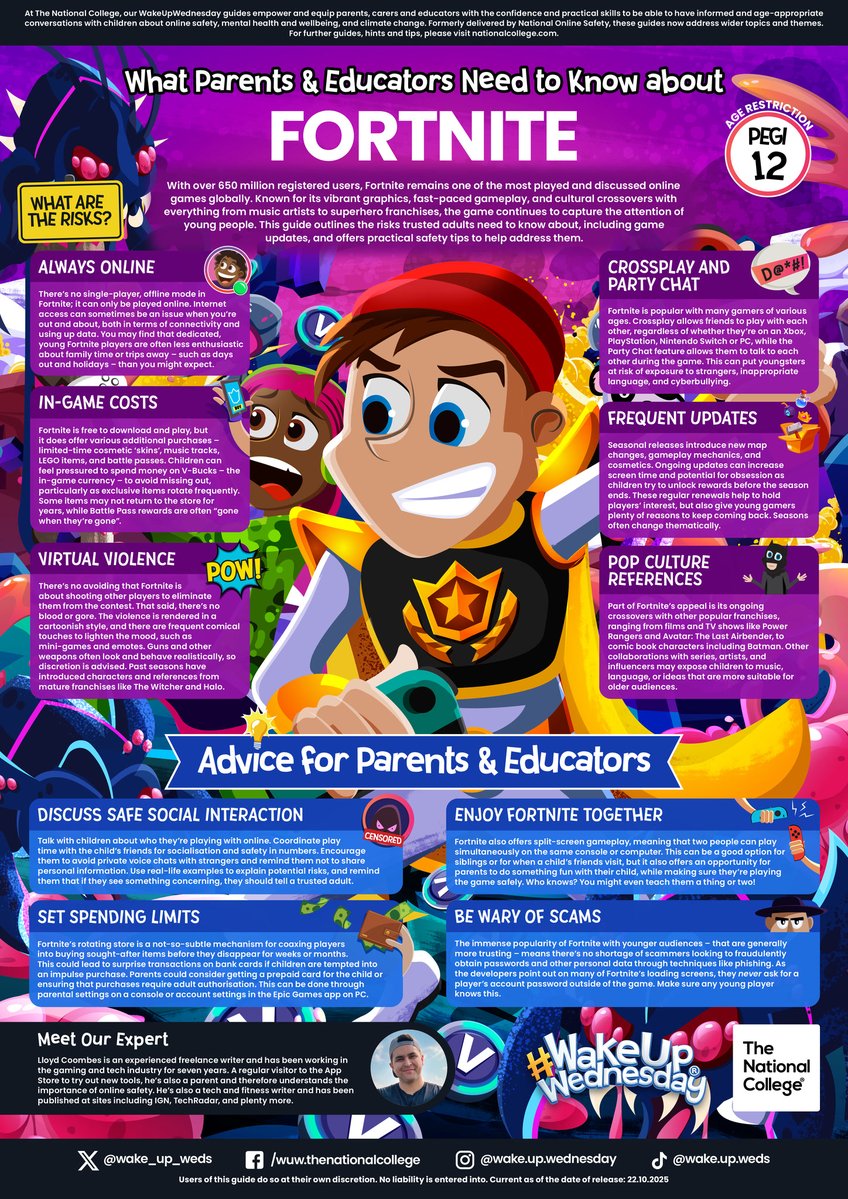 Still top of the leaderboard 🎯🎮

Fortnite’s newest season adds fresh content – and fresh risks. From spending to screen time, our #WakeUpWednesday guide has the #OnlineSafety tips every parent and carer should know.

Download your FREE copy here &gt;&gt; vist.ly/4bakn