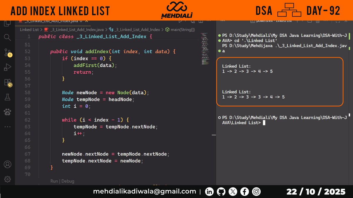 mehdiali_mk's tweet image. Add Index Linked List | DSA – DAY – 92
Github Link: github.com/mehdiali-mk/DS…
LinkedIn: linkedin.com/in/mehdiali-mk/
#365DaysofCode #365dayscoding #100daysofcodechallenge #100daysofcode #LearnDSA #DSAinJava #JavaProgramming #AlgorithmDesign #CodingPractice #codedaily