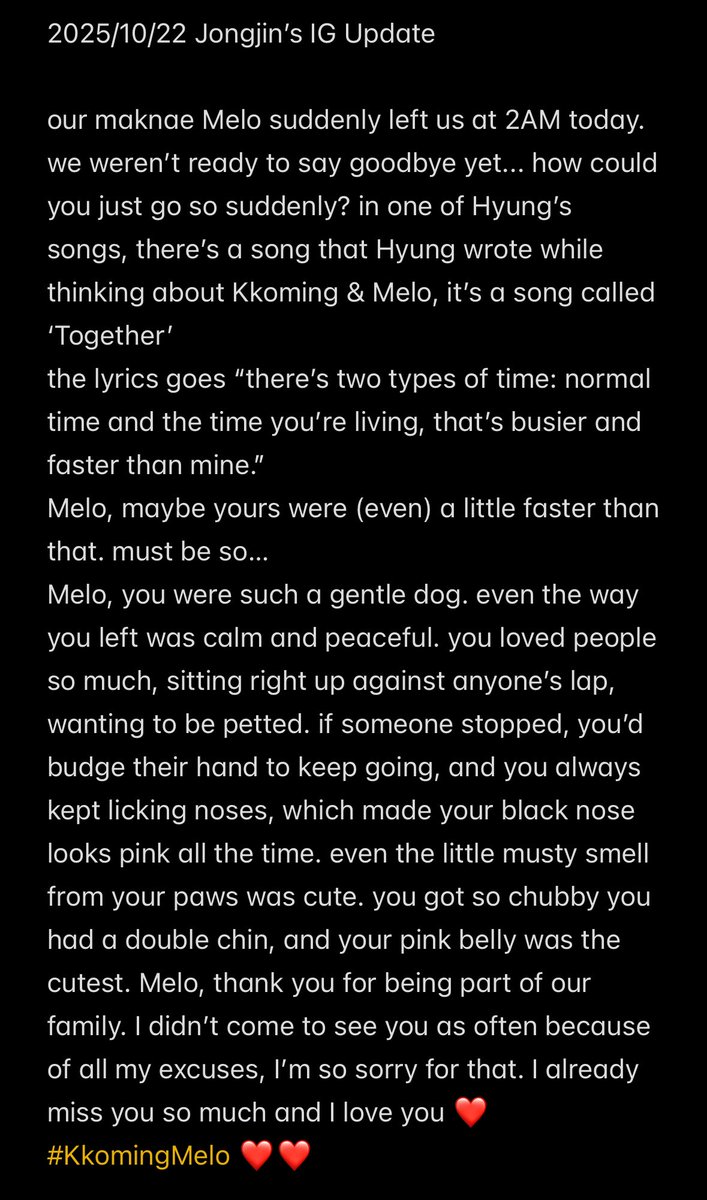 zhaoguixian's tweet photo. [FULL TRANS] 251022 Jongjin IG post

“our maknae Melo suddenly left us at 2AM today.”
“Melo, you were such a gentle dog. even the way you left was calm and peaceful.”

🐾🌈🤍 https://t.co/6o9jf1WIhx