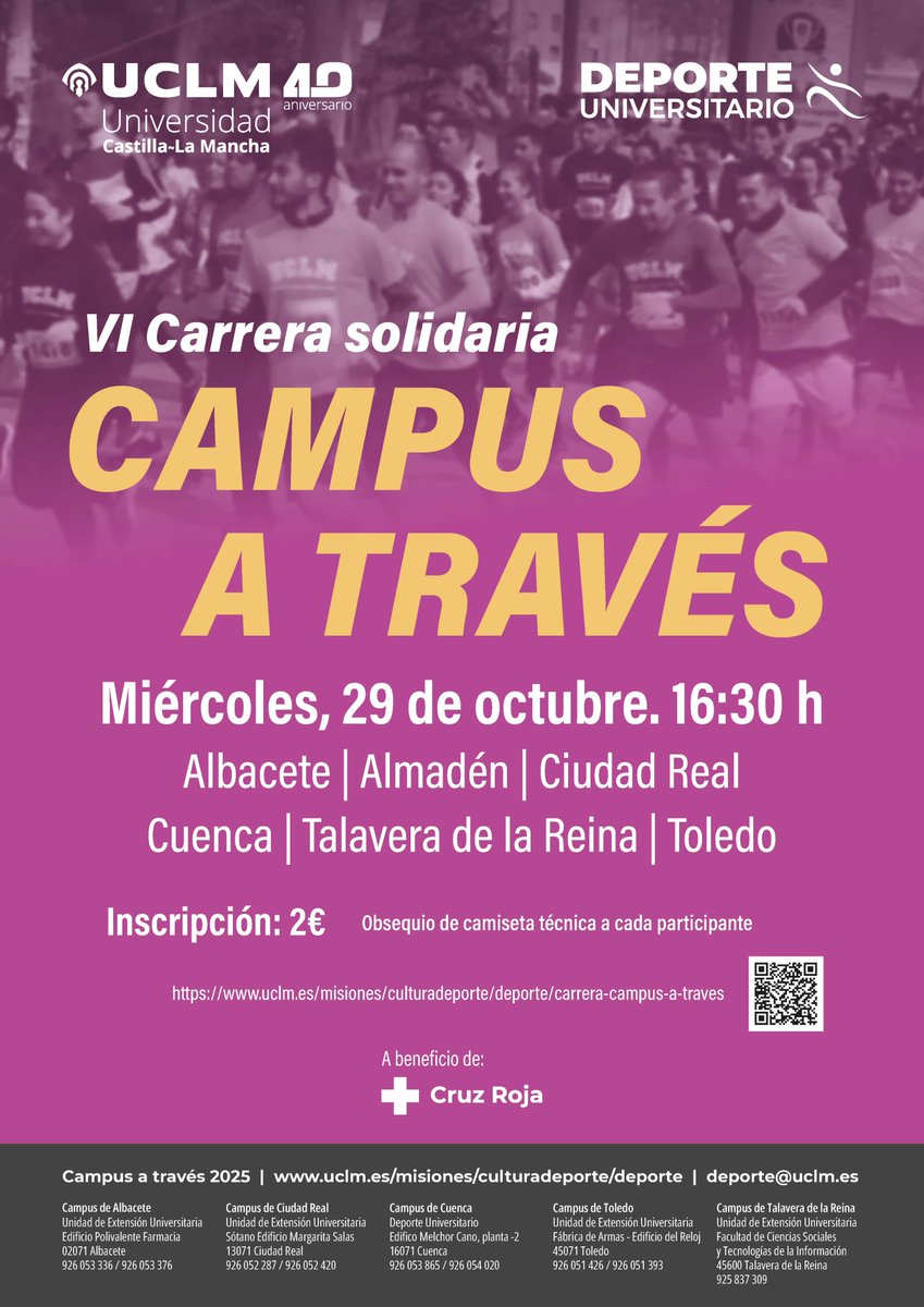 🏃‍♀️Últimos días para inscribirte en la VI carrera solidaria Campus a Través <a href="/UCLMdeportes/">UCLMdeportes</a> 

🗓️2⃣9⃣ de octubre a las 1⃣6⃣:3⃣0⃣ horas en todos los campus y sedes

2⃣ euros de inscripción a beneficio de <a href="/CruzRojaCuenca/">Cruz Roja Cuenca</a> y una camiseta UCLM de regalo🎽

¿Te apuntas❓
