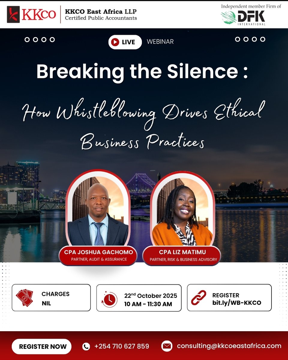 KKco_EastAfrica's tweet image. Our webinar is currently live now. Join using the link below

teams.microsoft.com/meet/387739691…

#Whistleblowing #EthicalBusiness #CorporateGovernance #TransparencyMatters #IntegrityInAction #Accountability #DataProtectionKenya #EthicalLeadership #Audit #Tax #Accounting #Kenya