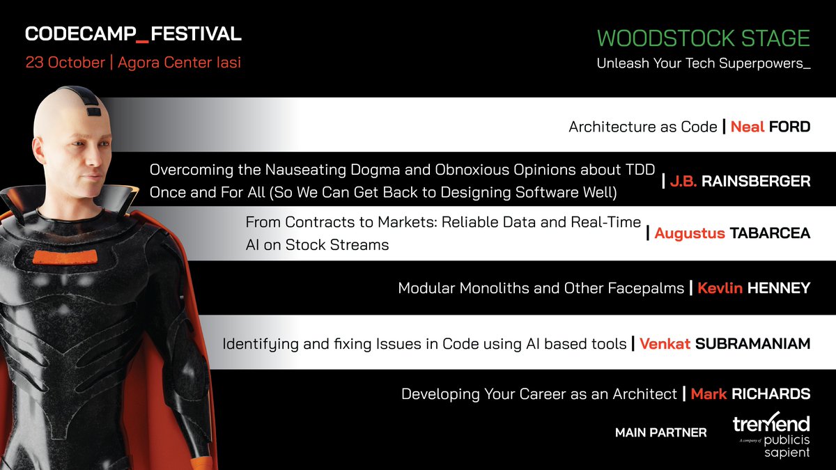 Codecampro's tweet image. Unleash your Tech Superpowers on the Woodstock Stage, powered by Tremend!

Get ready to level up your technical skills! This stage is packed with powerful content from world-renowned experts in software architecture, AI, and TDD.

Full event details: codecamp.ro/codecamp-festi…