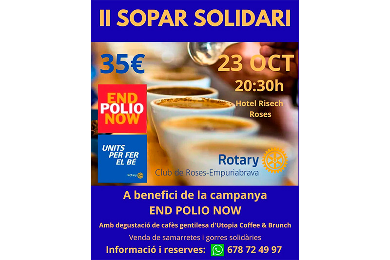 Sopar solidari a Roses per acabar amb la polio
Aquest sopar solidari, amb motiu del Dia Internacional contra la Poliomielitis, es durà a terme demà dijous, 23 d’octubre, a l’Hotel Risech de Roses
viladeroses.cat/sopar-solidari…