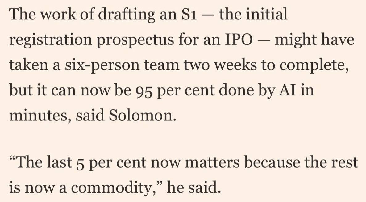 Michael A. Arouet (@michaelaarouet) on Twitter photo If AI can replace 95% of a Goldman Sachs investment banker‘s job imagine what AI will be able to do to your office job. 
Enjoy your fancy house and mortgage as long as you can afford it. If AI can replace 95% of a Goldman Sachs investment banker‘s job imagine what AI will be able to do to your office job. 
Enjoy your fancy house and mortgage as long as you can afford it.