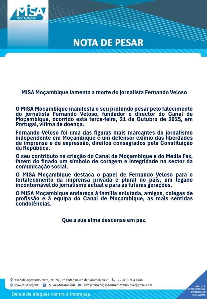 MISA Moçambique lamenta a morte do jornalista Fernando Veloso

#MISAMoçambique
#PazASuAlma
#FernandoVeloso

Saiba mais em: misa.org.mz/misa-mocambiqu…