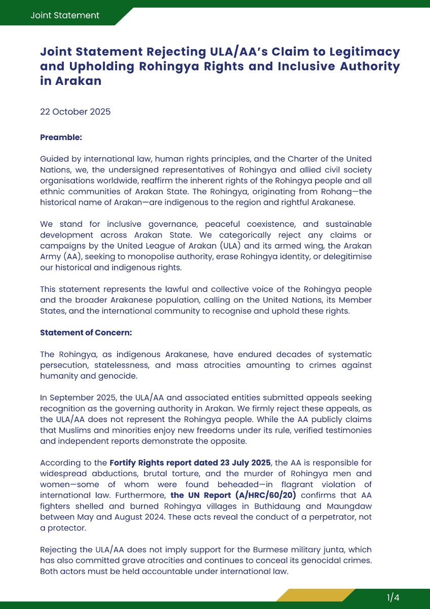 Rohingya_RLN's tweet photo. Joint Statement Rejecting ULA/AA’s Claim to Legitimacy and Upholding Rohingya Rights and Inclusive Authority in Arakan. 

- Rohingya Lumina Network 
22nd October, 2025
#JusticeForRohingya https://t.co/vKd8fBfz7k