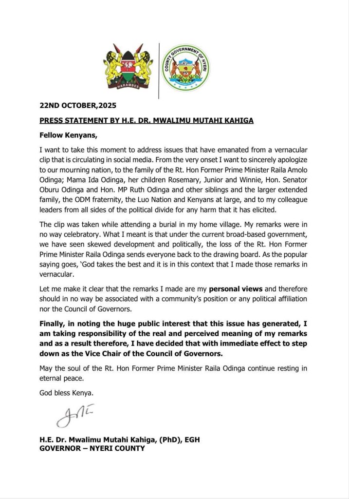 Nyeri Governor Mutahi Kahiga Press Statement