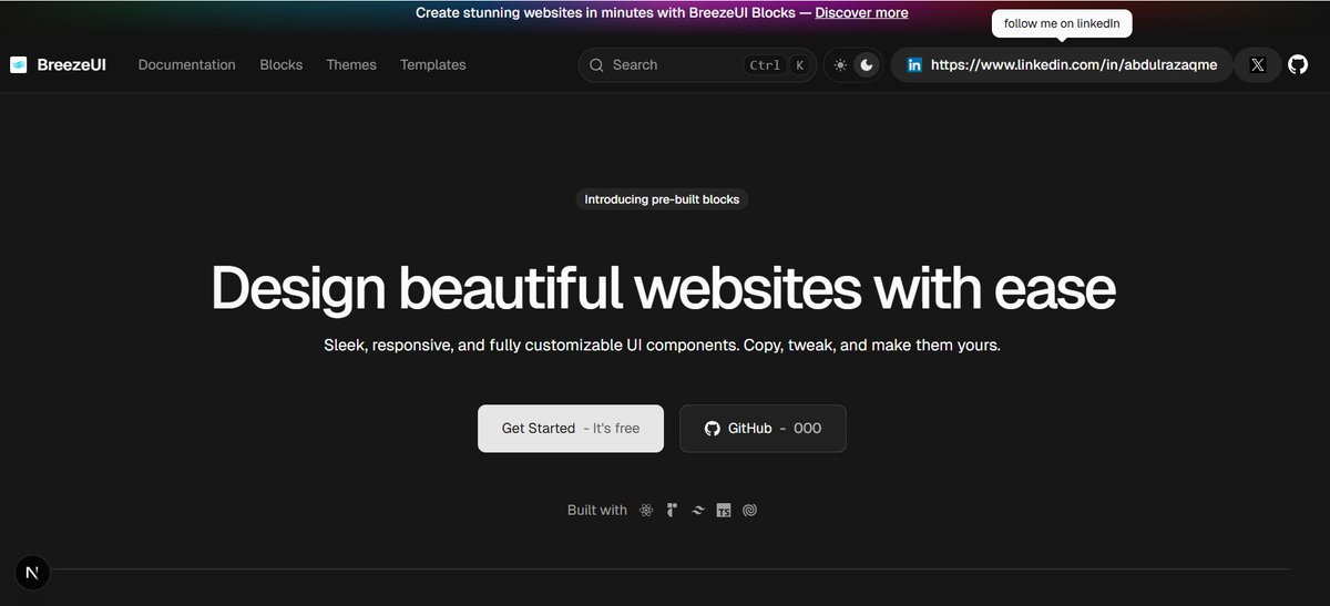 Ken_editts's tweet image. Have you heard of BreezeUI? 🌬
It’s a beautiful React component library designed to help you get layout ideas and UI inspiration fast.
You can explore clean, modern designs copy any layout you like and then add your own functionality or logic to make it yours.