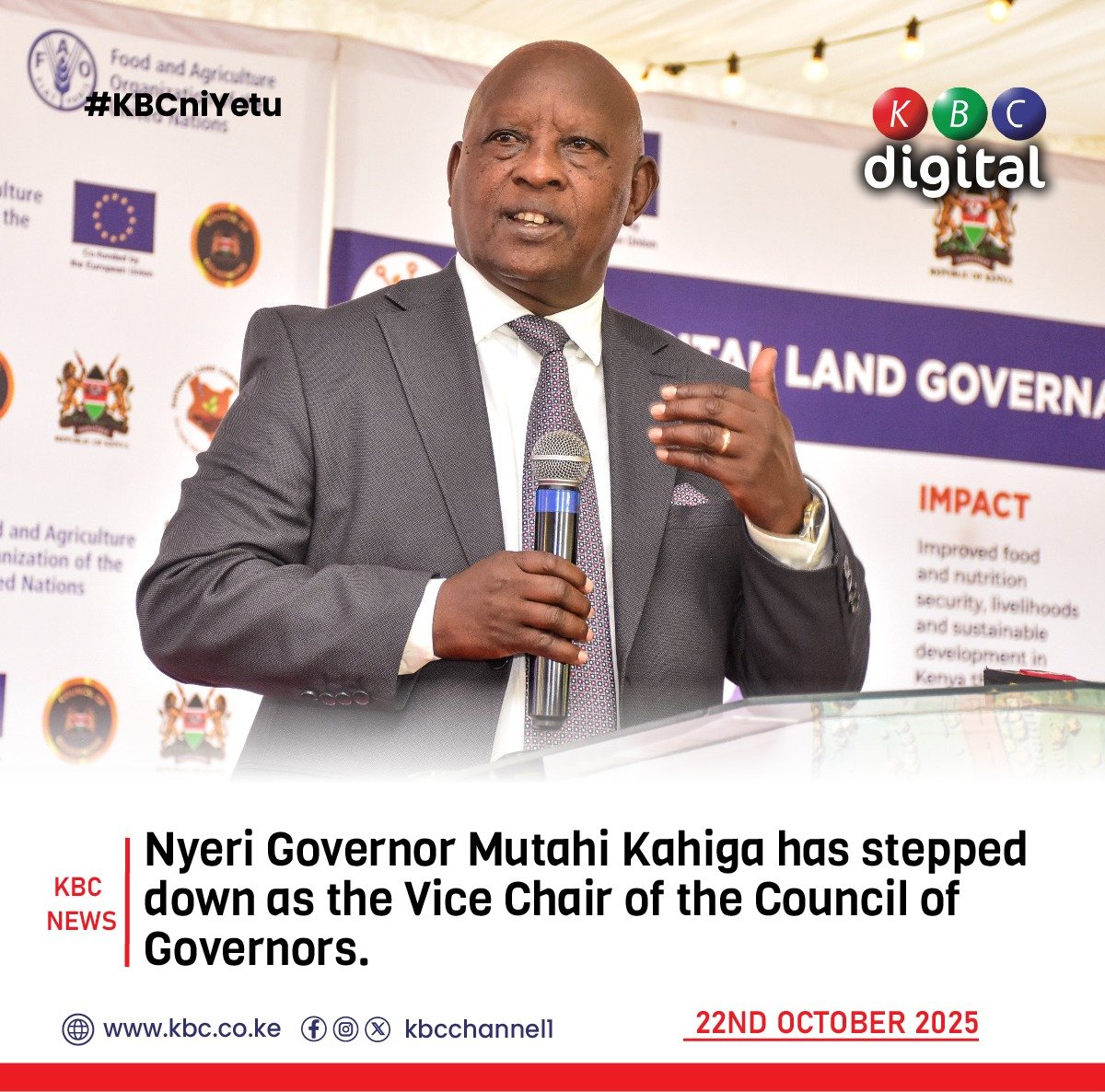 KBCChannel1's tweet photo. Nyeri Governor Mutahi Kahiga has stepped down as the Vice Chair of the Council of Governors.

#KBCniYetu ^KG https://t.co/2P16WTZMfI
