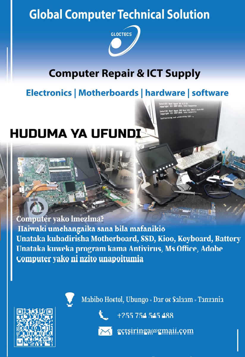 gcts_tz's tweet photo. - GLOCTECS "Be Our family" 

1. Checkup service / Uchunguzi
2. Matengenezo

✓ Computer Repair &amp; ICT Supply 
- Electronics | Motherboards | hardware | software 

📍 Mabibo Hostel, Ubungo - Dar es Salaam - Tanzania
CALL: +255 754 545 488 https://t.co/jxERahcQhD