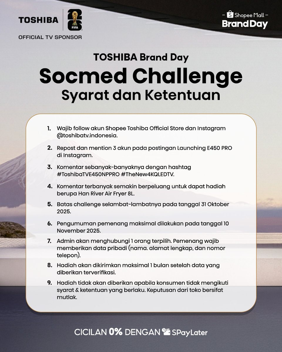 Toshiba TV (@toshibatv_id) on Twitter photo Dapatkan FREE Air Fryer 8L hanya untuk 1 pemenang terpilih!
RT & reply tweet ini sebanyaknya dengan hashtag #ToshibaTVE450NPPRO #TheNew4KQLEDTV. Semakin banyak reply, semakin tinggi peluang untuk menang! Tag minimal 3 teman kamu untuk ikutan ya (p^-^)p 
Batas join challenge 31 Dapatkan FREE Air Fryer 8L hanya untuk 1 pemenang terpilih!
RT & reply tweet ini sebanyaknya dengan hashtag #ToshibaTVE450NPPRO #TheNew4KQLEDTV. Semakin banyak reply, semakin tinggi peluang untuk menang! Tag minimal 3 teman kamu untuk ikutan ya (p^-^)p 
Batas join challenge 31