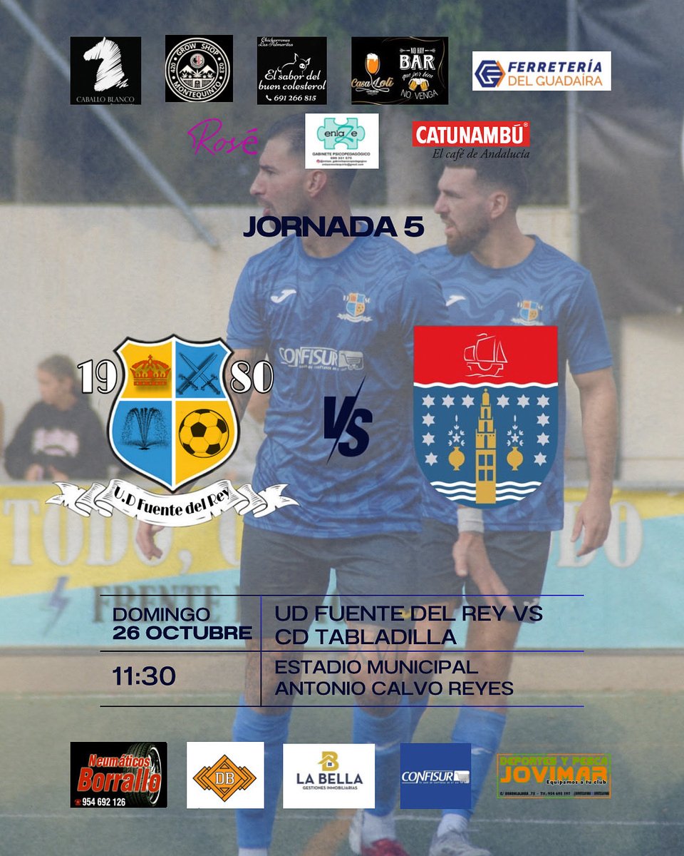 ⚽ Este domingo jugamos en casa 💪
🗓 26 OCT | ⏰ 11:30 h
🏟 Estadio Municipal Antonio Calvo Reyes
U.D. Fuente del Rey 🆚 C.D. Tabladilla

¡Vamos con todo, Fuente! 💙💛
#UDFuenteDelRey