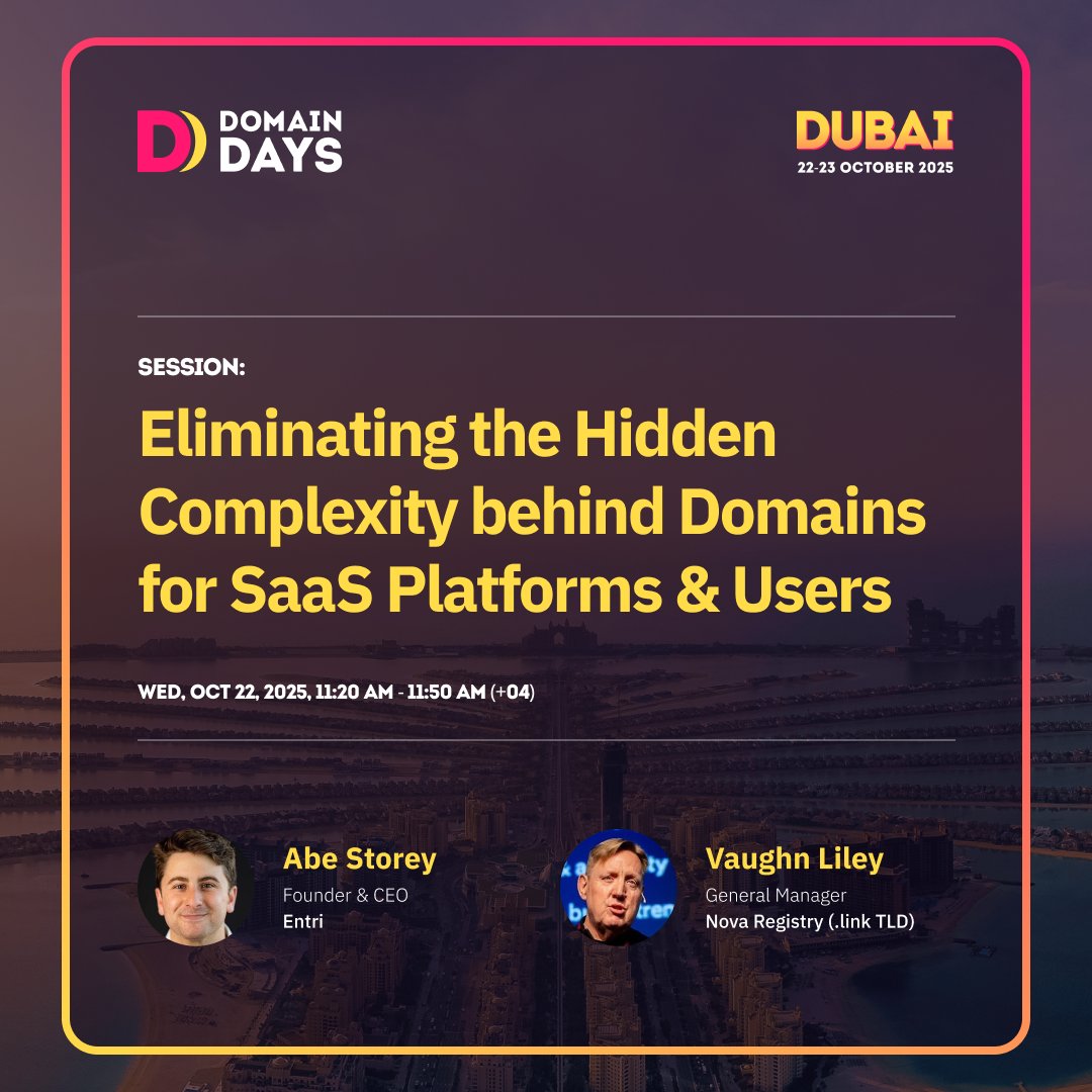 domain_days's tweet image. Simplifying domain integration for SaaS platforms isn’t just a technical goal, it’s a competitive advantage.

Join Abe Storey, Founder &amp;amp; CEO of @ThisIsEntri, and Vaughn Liley, General Manager at @novadotlink (.link TLD), as they break down how #automation, #APIs, and smarter…