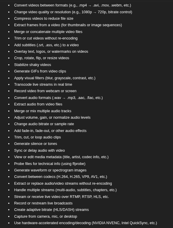 khushaltwt's tweet image. here&apos;s a list of things that FFmpeg can do