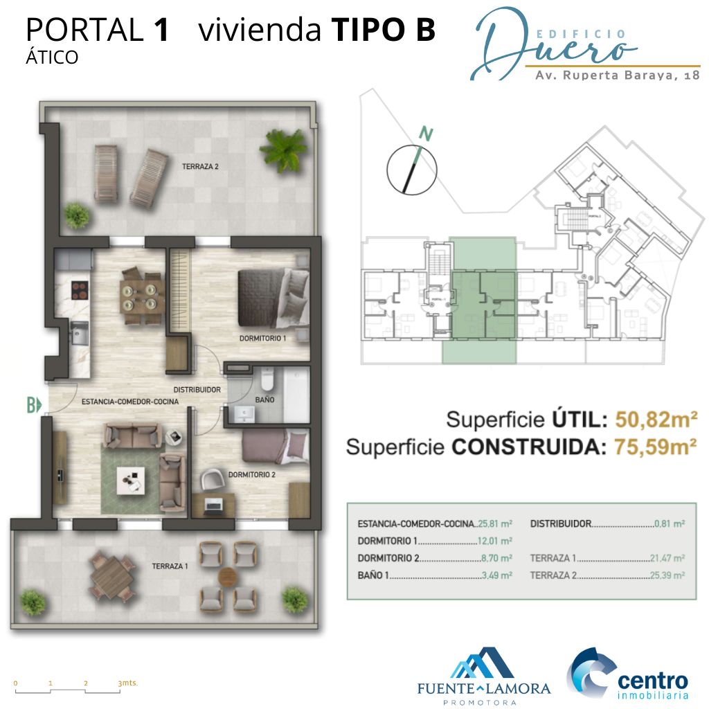 #Promoción en #ArandadeDuero: EDIFICIO DUERO #Viviendas de nueva generación. Máxima eficiencia energética y clasificación ‘A’. Portal 1, Tipo B, Ático. Comedor-Cocina, 2 dormitorios, baño, vestíbulo y 2 terrazas. 50,82m2 útiles y 75,59m2 construidos. edificioduero.es