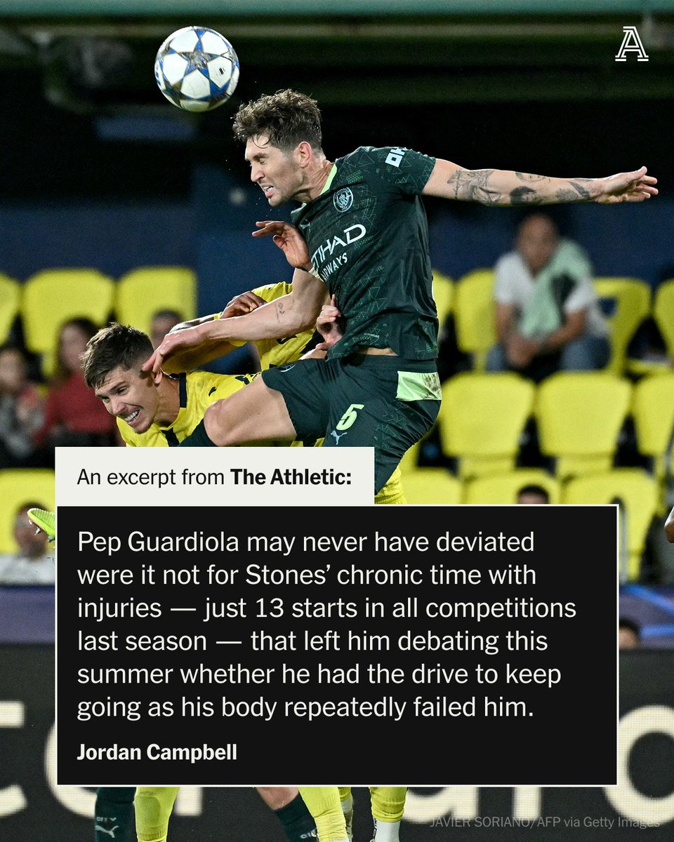 TheAthleticFC's tweet image. John Stones threw his arms up in the air as Manchester City celebrated a superb team goal against Villarreal.

It was a goal that was only possible with him deployed as half-centre-back, half-centre-midfielder, a hybrid role that was the catalyst for City’s historic 2022-23…