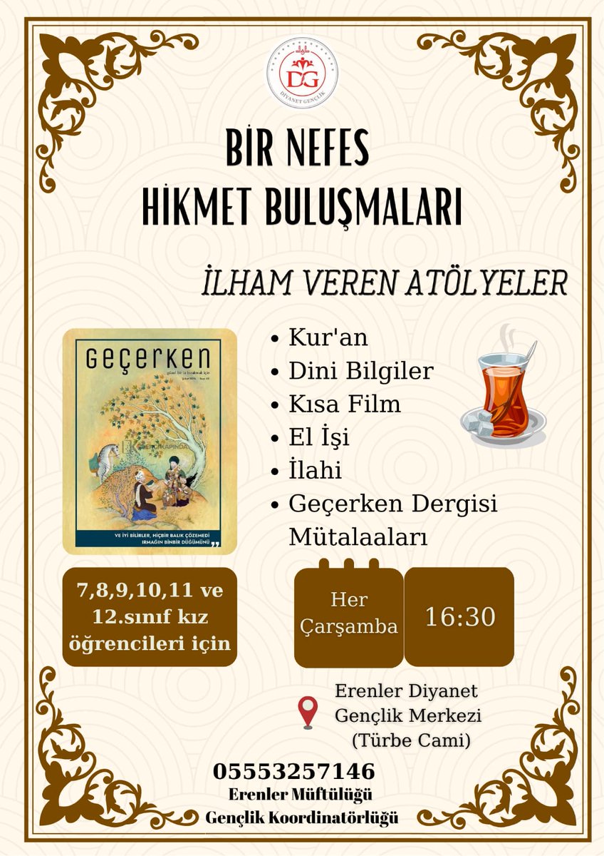 📍 Sakarya İl Müftülüğü Gençlik Koordinatörlüğü

📌 Erenler Müftülüğü Gençlik Merkezinin ev sahipliğinde gerçekleştirilecek olan "BİR NEFES HİKMET BULUŞMALARI" programı başlıyor.

🗓 Her Çarşamba

⏱️ 16:30

📍 Erenler Diyanet Gençlik Merkezi

 #gencsakarya #erenlerdiyanetgenclik