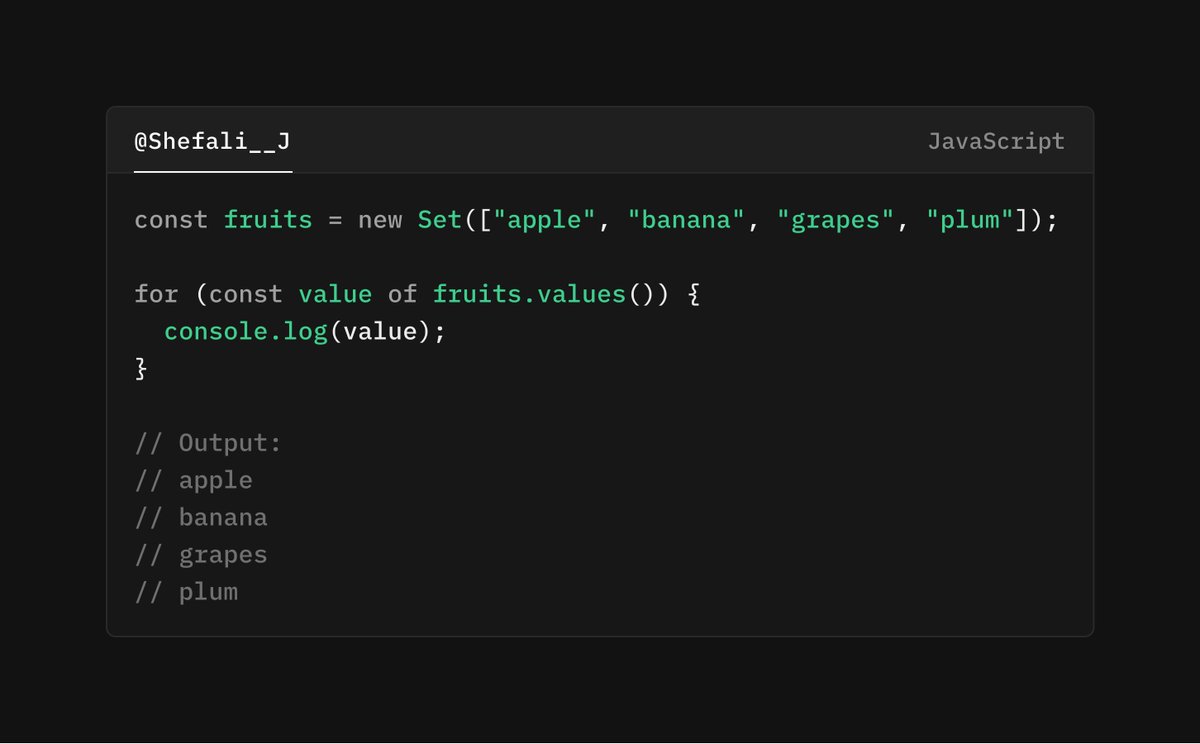 Shefali__J's tweet image. 🔹values()
The `values()` method returns a new iterator object with all the values in the Set (in insertion order).