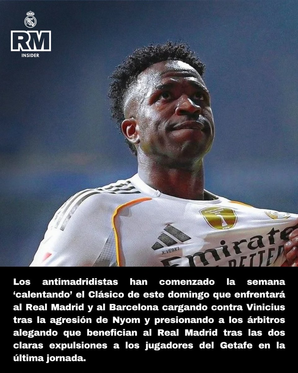 🚨 LOS ANTIMADRIDISTAS 'CALIENTAN' EL REAL MADRID - BARÇA DEL DOMINGO
 
  ⚽ Cargan contra #Vinicius por las dos expulsiones en la pasada jornada ante el #Getafe

  ✅ Hablan de 'robo' para presionar a los árbitros del Clásico.

#RealMadridBarça #Vini #ElClásico <a href="/realmadrid/">Real Madrid C.F.</a>