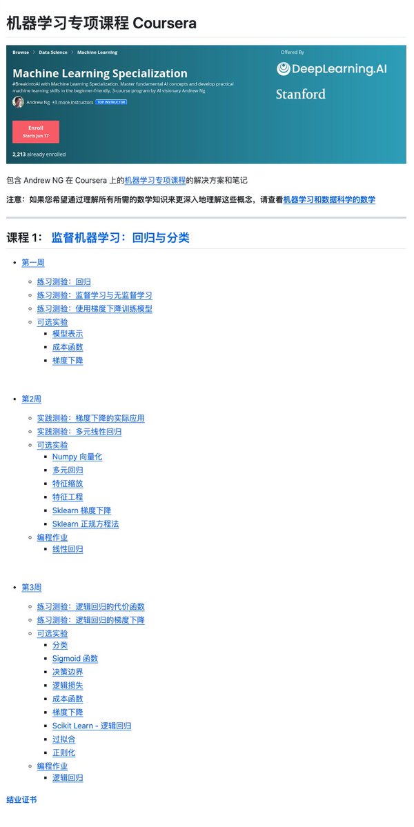 GitHub_Daily's tweet image. 在 GitHub 上看到一份颇为不错的学习资料合集: Machine Learning Specialization Coursera,来自于吴恩达老师在 Coursera 上主讲的机器学习课程笔记和示例。
完整收录了三门课程的内容,包括每周的练习题答案、可选实验室代码和编程作业解答,并附带相关数学基础课程推荐。…