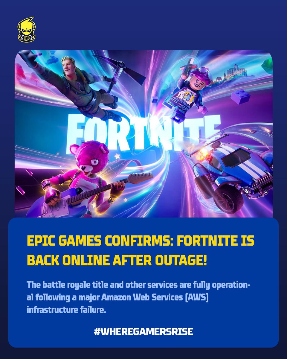 metaninza's tweet image. The brief internet panic is over! Following an AWS outage, Fortnite and services like Roblox are back up and running. Server stability is critical, especially during peak seasons. 
#Fortnite #AWS #ServerStatus #GamingOutage #Metaninza #WhereGamersRise #16SCORE