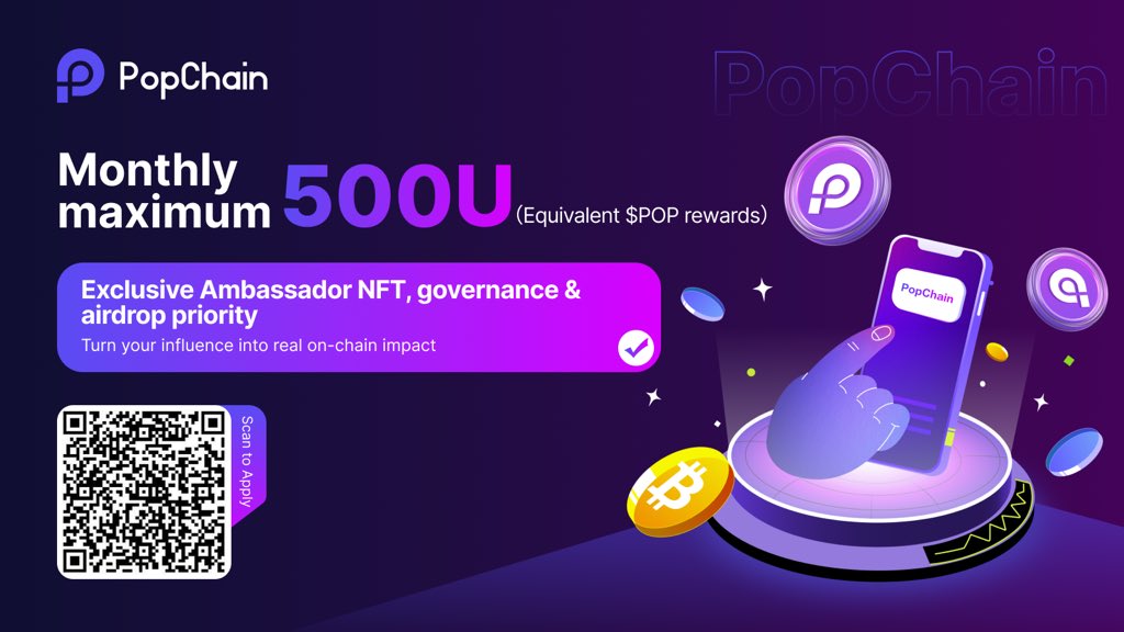 Pop__Chain's tweet image. 🌟 Join the PopChain Global Ambassador Program and make an impact on-chain! 🚀
🔥 Become a PopChain Ambassador and earn up to 500U monthly (equivalent to $POP rewards) 💎
Enjoy exclusive benefits, including Ambassador NFT, governance participation, and airdrop priority! 🎉
💡…