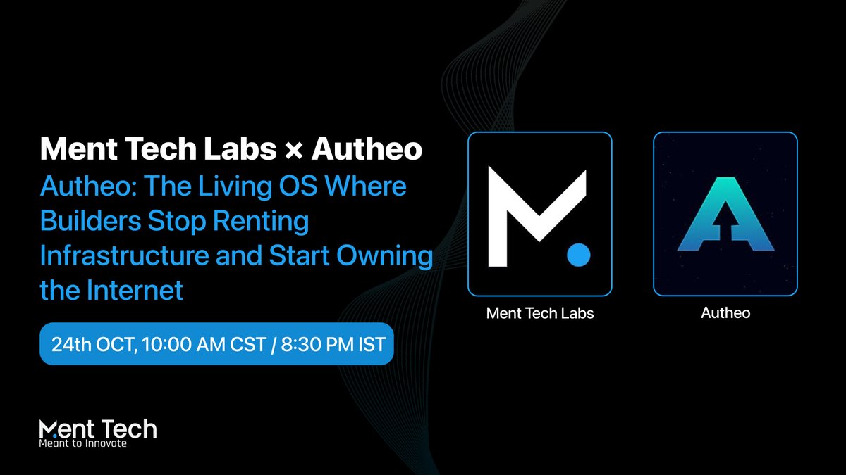 menttechlabs's tweet photo. Twitter Space Alert - Ment Tech Labs × Autheo

24th Oct - 10:00 AM UTC | 8:30 PM IST

Join us as we explore:
- What makes Autheo a “living” operating system
- The shift from renting to owning digital infrastructure
- The future of decentralized internet architecture

Developers, founders, and Web3 infrastructure builders, this one’s made for you.

Set your reminder & join us live 👇